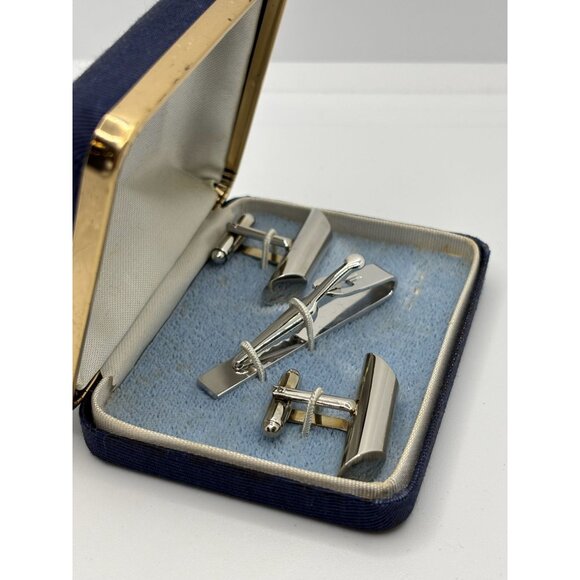 Mens Silver Polished Cuff Links and Tie Clip Vintage Classic - Picture 3 of 5